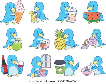 Cute Bird sticker icon. Funny Bird in the variation of drink and beverage 