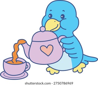 Cute Bird sticker icon. Funny Bird pouring a tea from the teapot 