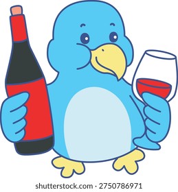 Cute Bird sticker icon. Funny Bird bring a wine