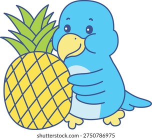 Cute Bird sticker icon. Funny Bird bring a pineapple