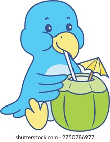 Cute Bird sticker icon. Funny Bird drinking a coconut drink