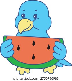 Cute Bird sticker icon. Funny Bird bring a watermelon 