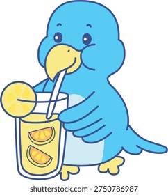 Cute Bird sticker icon. Funny Bird drinking an orange juice
