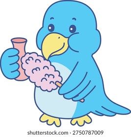 Cute Bird sticker icon. Funny Bird cleaning the vase with feather duster 