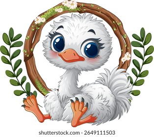 Cute bird surrounded by leaves and flowers