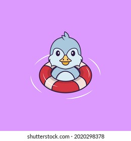 Cute bird is Swimming with a buoy. Animal cartoon concept isolated. Can used for t-shirt, greeting card, invitation card or mascot.