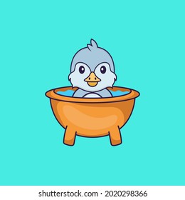 Cute bird taking a bath in the bathtub. Animal cartoon concept isolated. Can used for t-shirt, greeting card, invitation card or mascot.