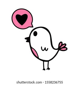 Cute bird thinks of love. Vector outline doodle illustration isolated on white background. Valentine's day element, concept amorousness.Young strong chick. Sticker, print on t shirt, card. 