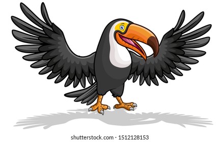 A cute of bird toucan is flapping its wings while smiling.