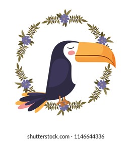 cute bird toucan with leafs and flowers crown
