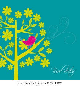 cute bird with tree card. vector illustration