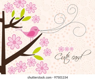 cute bird and tree with flowers, card. vector illustration