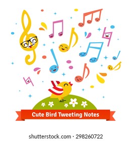 Cute bird tweeting and singing happy cartoon musical notes standing on a green meadow. Flat vector illustration isolated on white background.