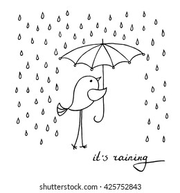 Cute bird with umbrella. Black and white vector illustration.