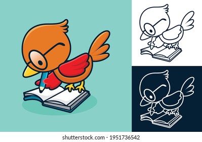 Cute bird use glasses, writing in a book. Vector cartoon illustration in flat icon style