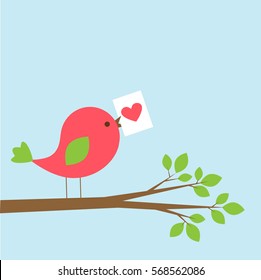 Cute bird with Valentine card on branch. Vector illustration 