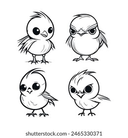 Lindo Vector de pájaro blanco y negro colección de diseño de personajes de dibujos animados. Fondo blanco. Mascotas, Animales.