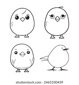 Cute bird vector black and white cartoon character design collection. White background. Pets, Animals.