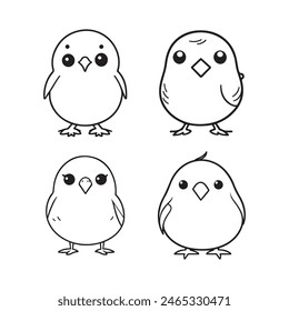 Cute bird vector black and white cartoon character design collection. White background. Pets, Animals.