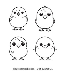 Cute bird vector black and white cartoon character design collection. White background. Pets, Animals.