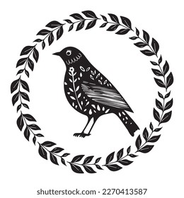 Cute bird vector icon in wreath. Low brow wildlife motif in scnadi style. 