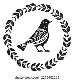 Cute bird vector icon in wreath. Low brow wildlife motif in scnadi style. 