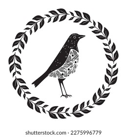 Cute bird vector icon in wreath. Low brow wildlife motif in scnadi style. 