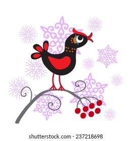 Cute bird vector illustration. Black forest bird sitting in a branch and pink snow flakes on background. Childish style. Isolated on white. As page corner decoration, clip art,design element.