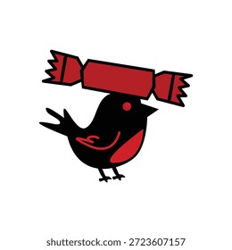 Ilustración vectorial linda del pájaro que sostiene un caramelo, estilo juguetón de la historieta, icono plano del diseño aislado en blanco.