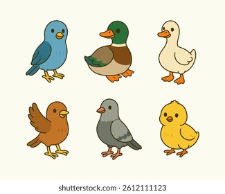 Cute bird vector set featuring six colorful cartoon birds. duck, chick, pigeon, sparrow, bluebird, mallard.