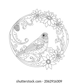 cute bird in a vintage floral wreath with fancy flowers and berries for your coloring book