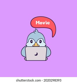 Cute bird is watching a movie. Animal cartoon concept isolated. Can used for t-shirt, greeting card, invitation card or mascot.