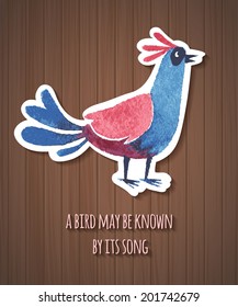 Cute bird watercolor sketch with the quote about life. Watercolor concept card on wood background