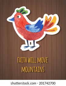 Cute bird watercolor sketch with the quote about life. Watercolor concept card on wood background
