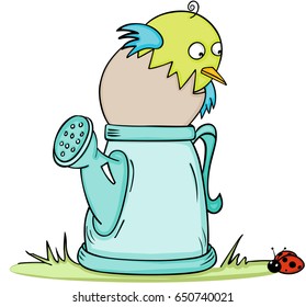 Cute bird in watering can with ladybird
