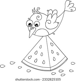 Cute bird and watermelon slice coloring page
