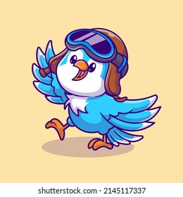 Cute Bird Waving Hand With Pilot Hat Cartoon Vector Icon Illustration. Animal Nature Icon Concept Isolated Premium Vector. Flat Cartoon Style 