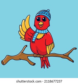 Cute Bird usa sombrero de lana y caricatura de la bufanda ilustración vectorial