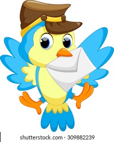 Cute bird wearing a hat, carrying a letter