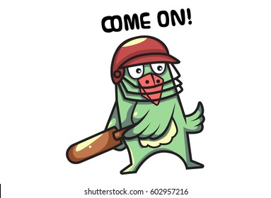 Cute Bird wearing a helmet, holding  a bat and saying GAME ON!  Vector Illustration. Isolated on white background.
