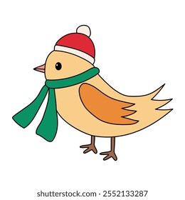 Cute bird wearing santa hat and scarf coloring pages for kids. Trace and color cute bird wearing santa hat. Christmas character. Holiday seasons worksheet printable for kids. Christmas worksheet.