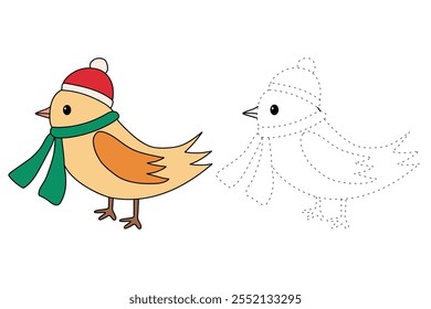 Cute bird wearing santa hat and scarf coloring pages for kids. Trace and color cute bird wearing santa hat. Christmas character. Holiday seasons worksheet printable for kids. Christmas worksheet.