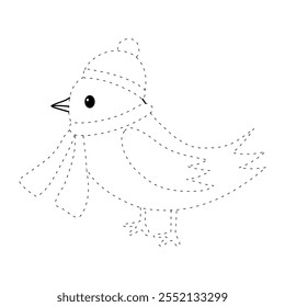Cute bird wearing santa hat and scarf coloring pages for kids. Trace and color cute bird wearing santa hat. Christmas character. Holiday seasons worksheet printable for kids. Christmas worksheet.