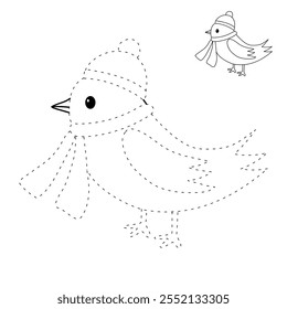 Cute bird wearing santa hat and scarf coloring pages for kids. Trace and color cute bird wearing santa hat. Christmas character. Holiday seasons worksheet printable for kids. Christmas worksheet.