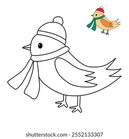 Cute bird wearing santa hat and scarf coloring pages for kids. Trace and color cute bird wearing santa hat. Christmas character. Holiday seasons worksheet printable for kids. Christmas worksheet.