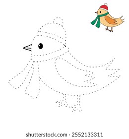 Cute bird wearing santa hat and scarf coloring pages for kids. Trace and color cute bird wearing santa hat. Christmas character. Holiday seasons worksheet printable for kids. Christmas worksheet.