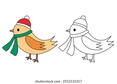 Cute bird wearing santa hat and scarf coloring pages for kids. Trace and color cute bird wearing santa hat. Christmas character. Holiday seasons worksheet printable for kids. Christmas worksheet.