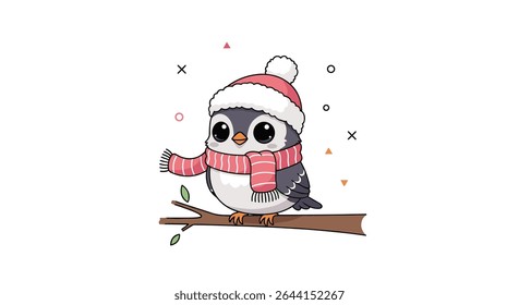 A Cute Bird Wearing a Winter Hat and Scarf Perched on Branch
