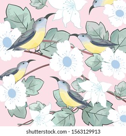 Cute bird and  white floral with green leaf,illustration vector doodle comic art.