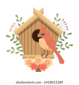 Cute birdhouse with birds, decorated with flowers and leaves. Spring clip art in flat cartoon style. Spring holiday illustration. Vector